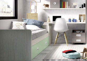 Dormitorio juvenil con cama nido, armario curvo y zona de estudio_Rimobel_mjh218